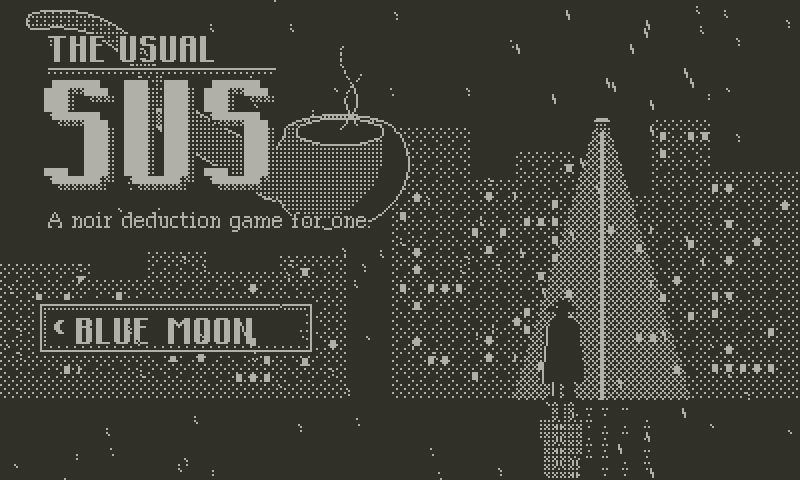 The title screen with rain falling over the city skyline, the Blue Moon sign and a figure under a street lamp.