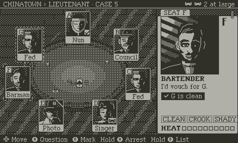 A warrant opens on seat F, the signature bar fills, ARRESTED slams down, and the verdict reads CLEAN with 5 heat added.