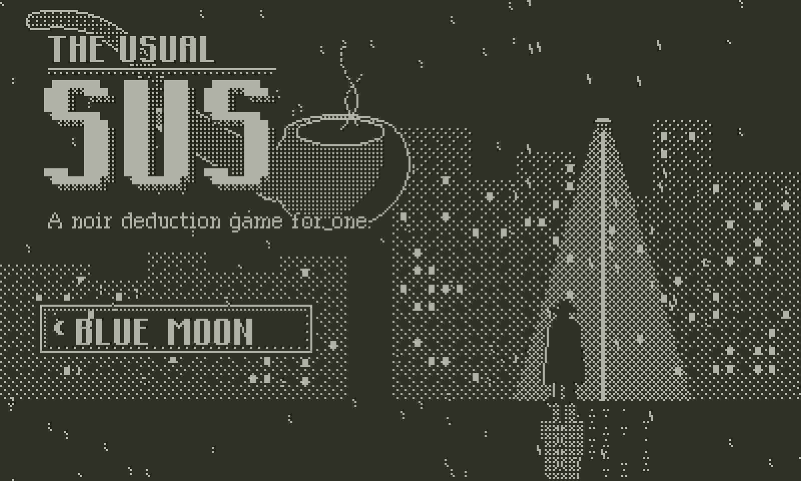 The Usual Sus title screen: rain falls on a city at night, a lone figure in a hat and coat stands under a street lamp, the Blue Moon club sign glows on the left, and the logo sits in the top-left corner: THE USUAL over a rule, SUS in large letters, with a detective&rsquo;s pipe behind the lettering.