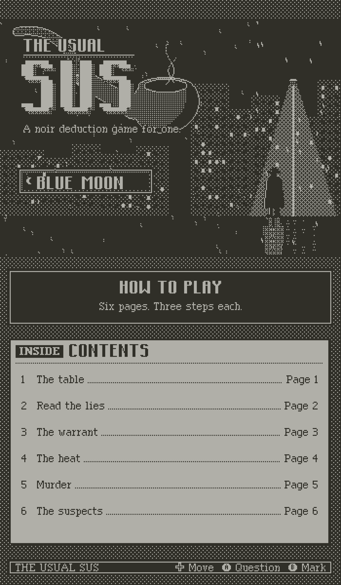 The Usual Sus, how to play. A six-page manual: the table, read the lies, the warrant, the heat, murder and the suspects.