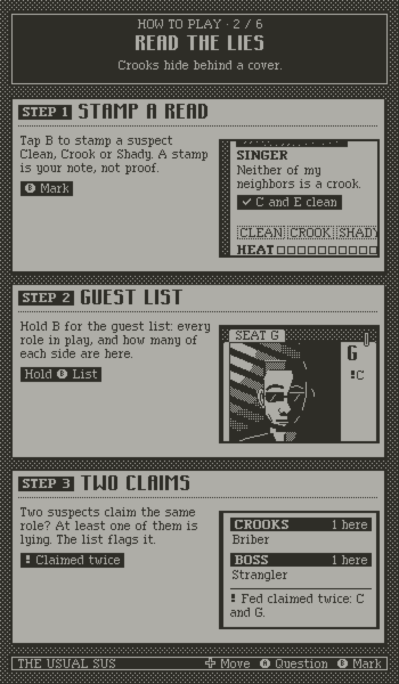 How to play, page 2, read the lies. Step 1: stamp a read. Step 2: the guest list. Step 3: two claims.