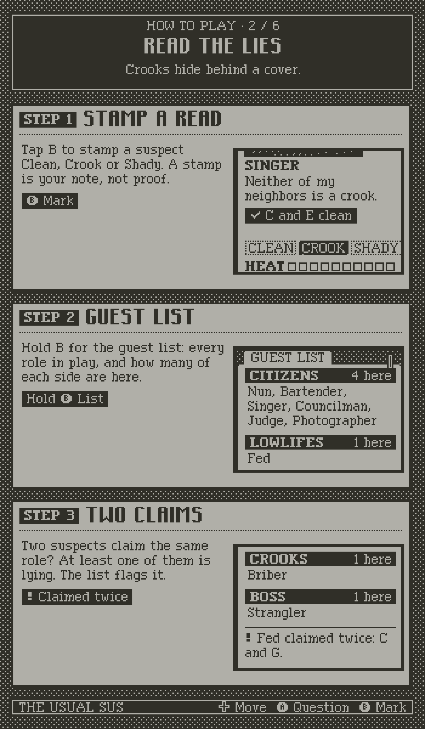 How to play, page 2, read the lies. Step 1: stamp a read. Step 2: the guest list. Step 3: two claims.