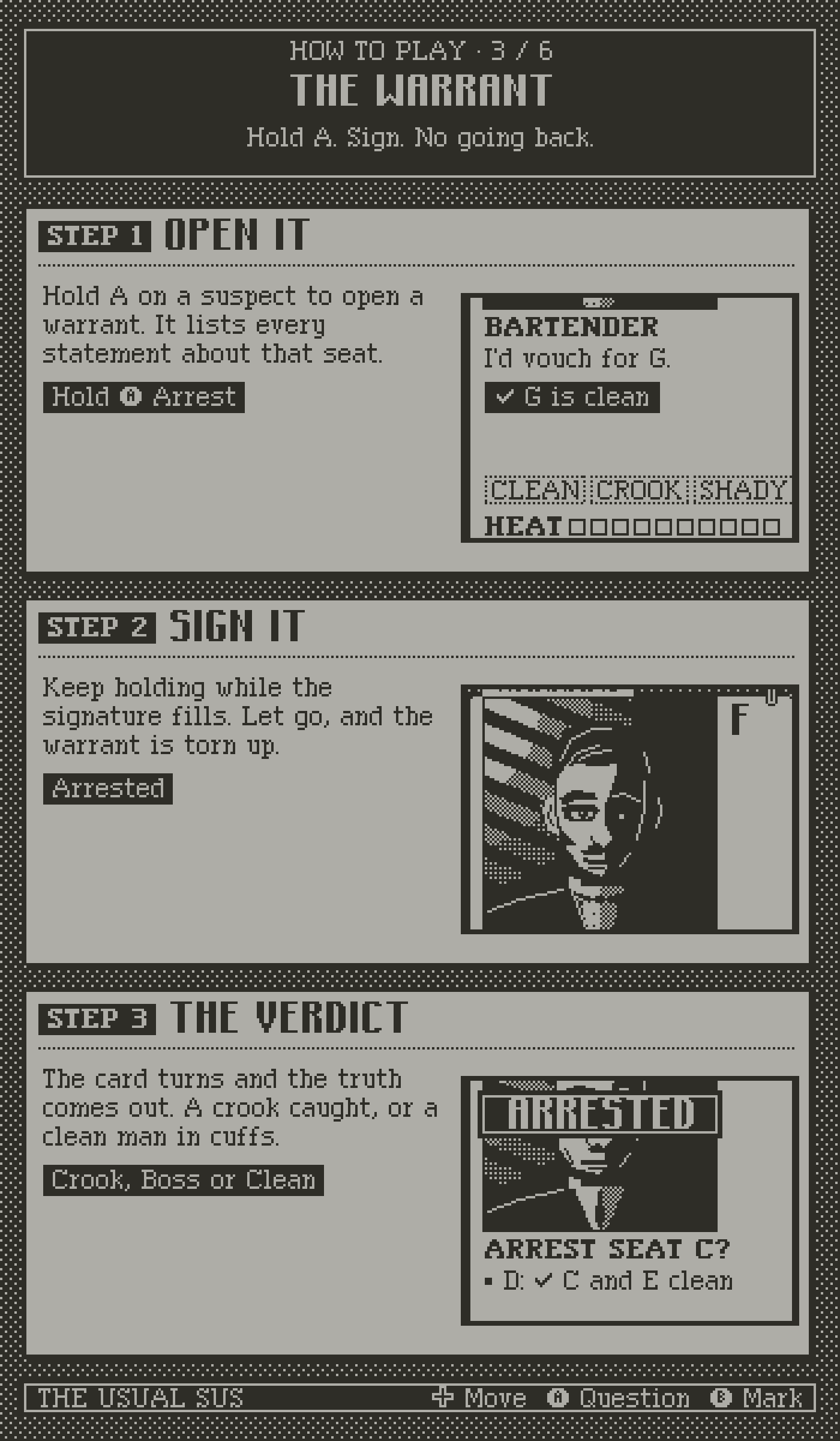 How to play, page 3, the warrant. Step 1: open it. Step 2: sign it. Step 3: the verdict.
