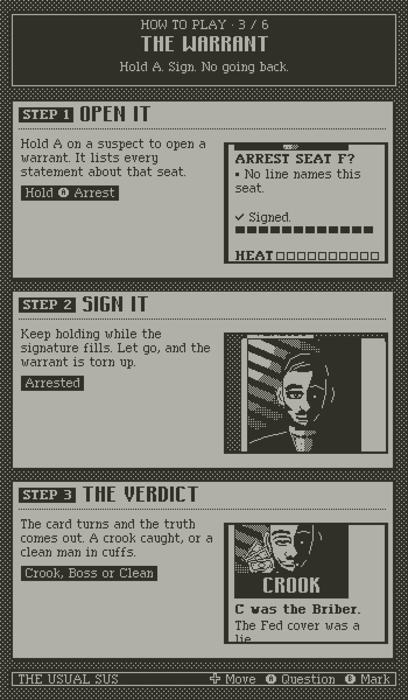 How to play, page 3, the warrant. Step 1: open it. Step 2: sign it. Step 3: the verdict.