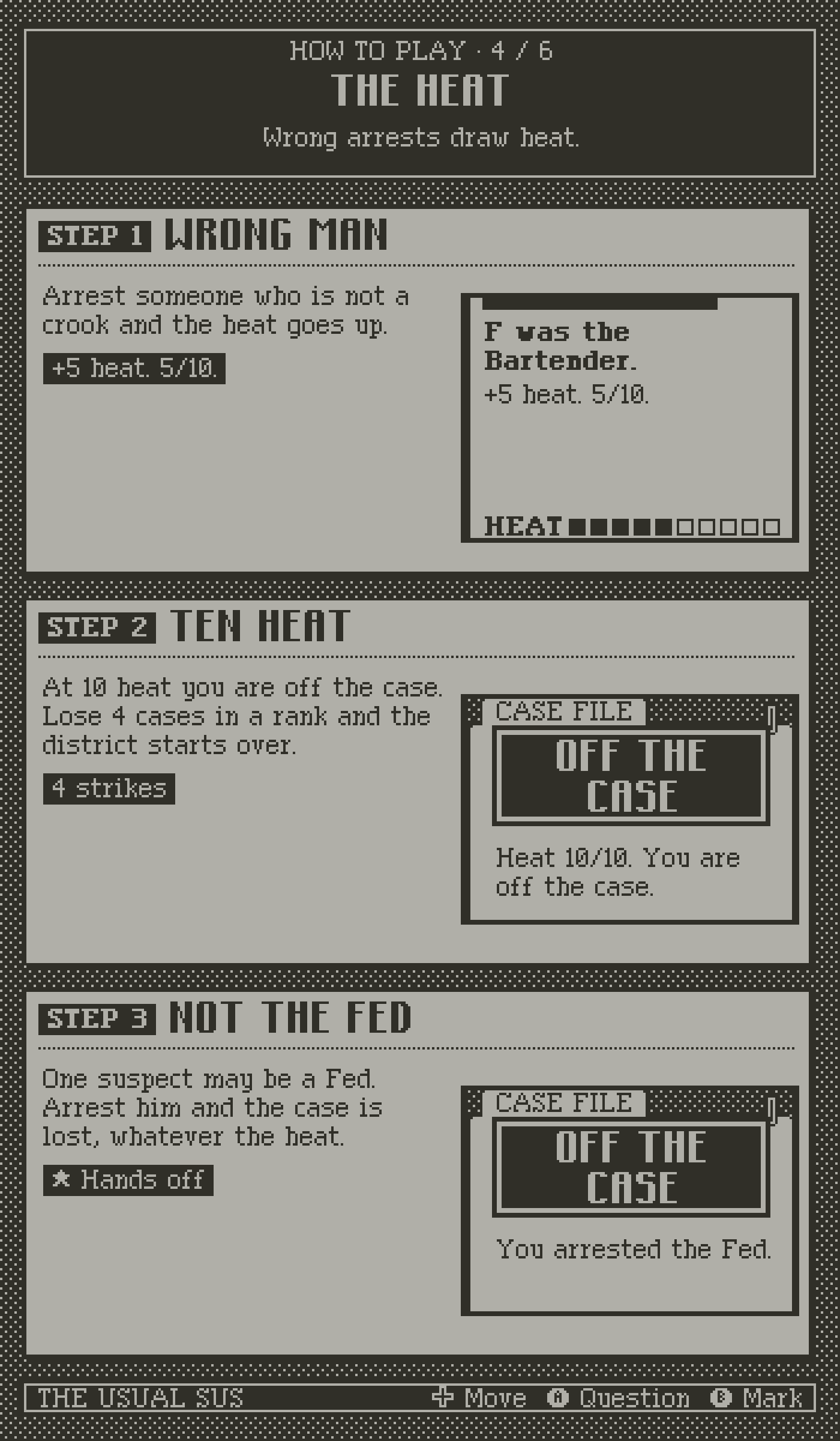 How to play, page 4, the heat. Step 1: wrong man. Step 2: ten heat. Step 3: not the Fed.