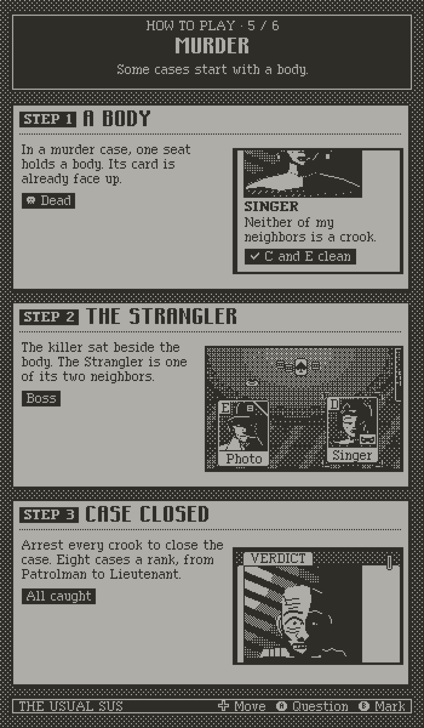 How to play, page 5, murder. Step 1: a body. Step 2: the Strangler. Step 3: case closed.