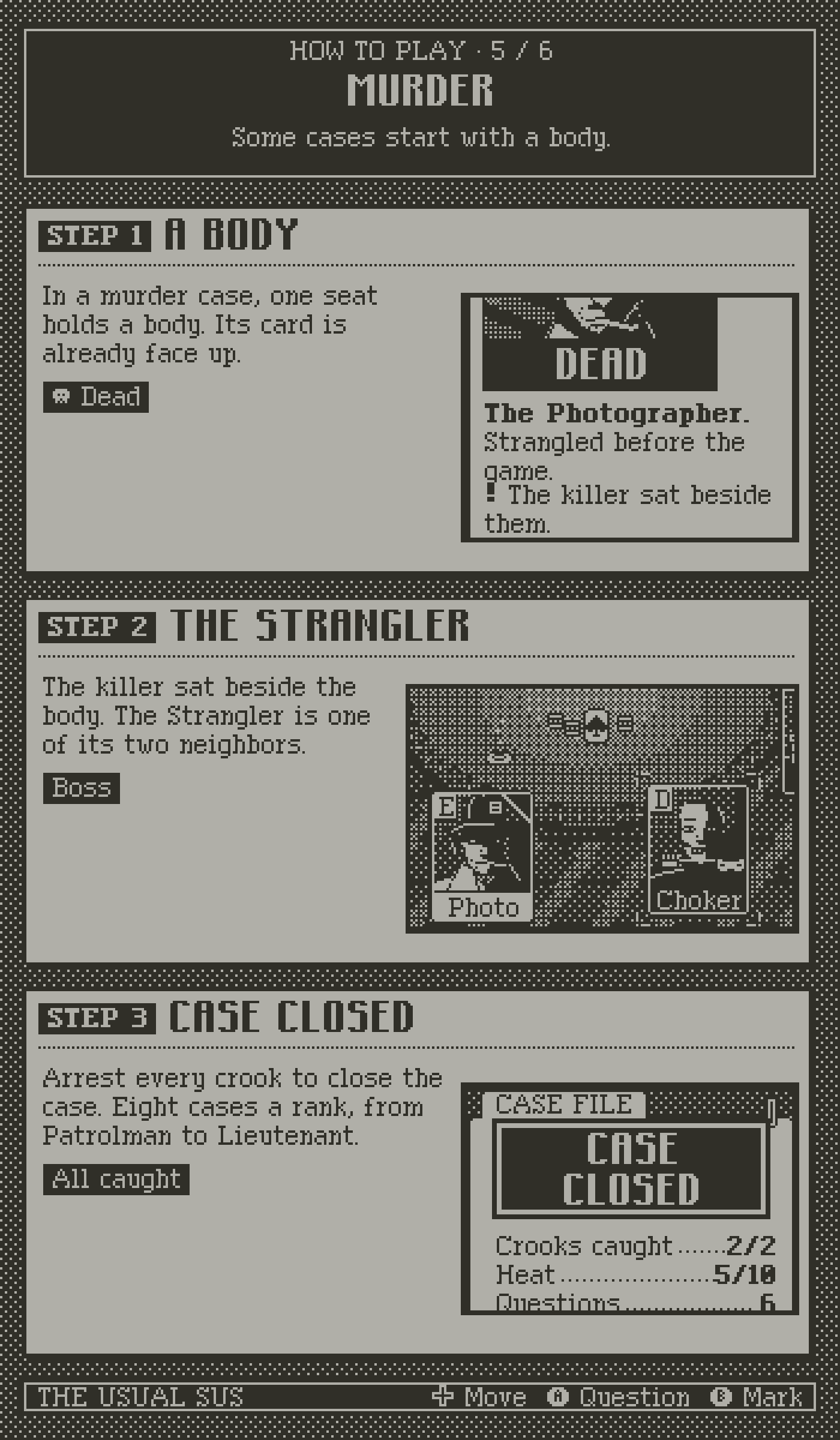How to play, page 5, murder. Step 1: a body. Step 2: the Strangler. Step 3: case closed.