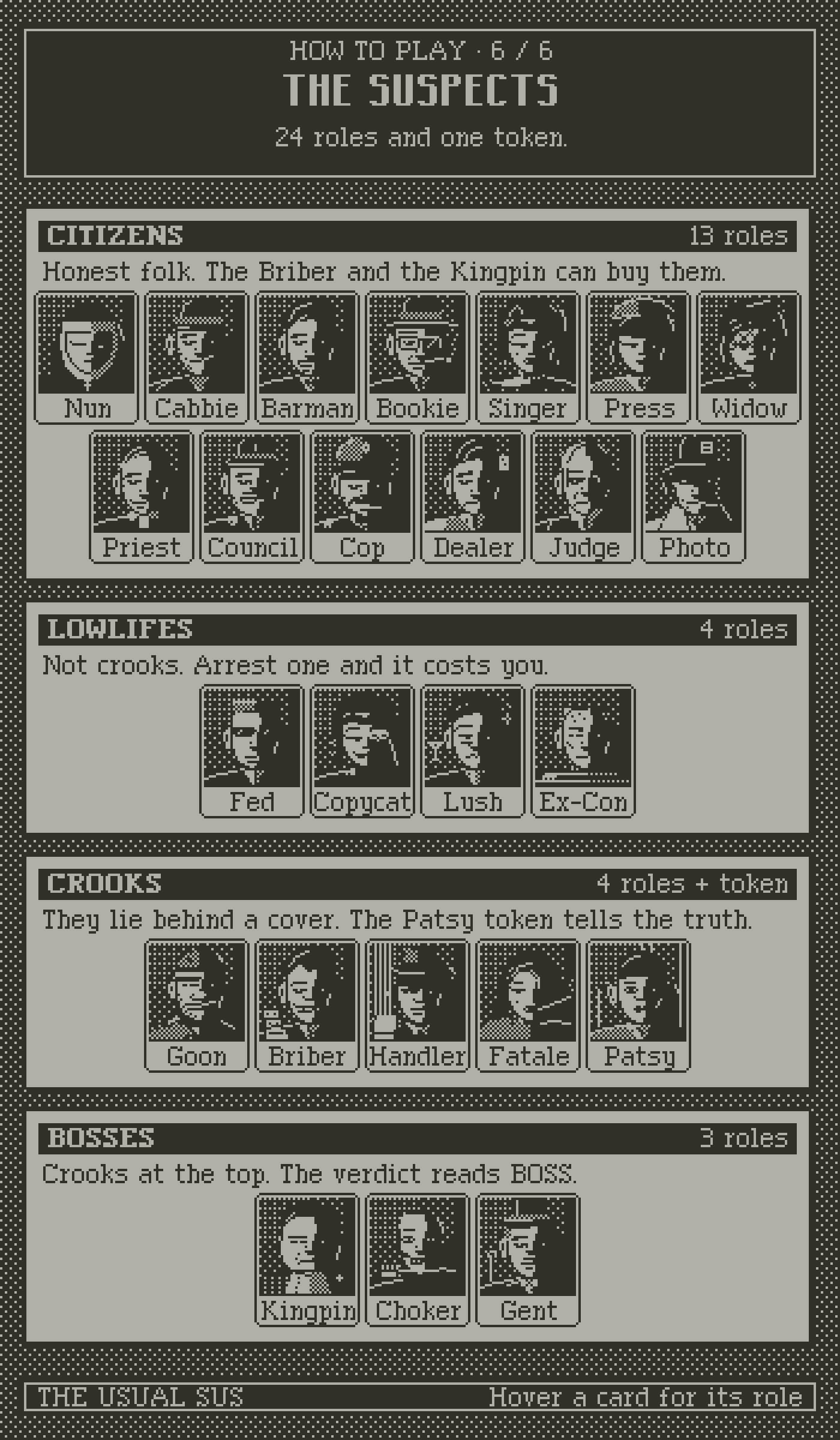 How to play, page 6, all 24 suspects and the Patsy token, grouped as citizens, lowlifes, crooks and bosses.